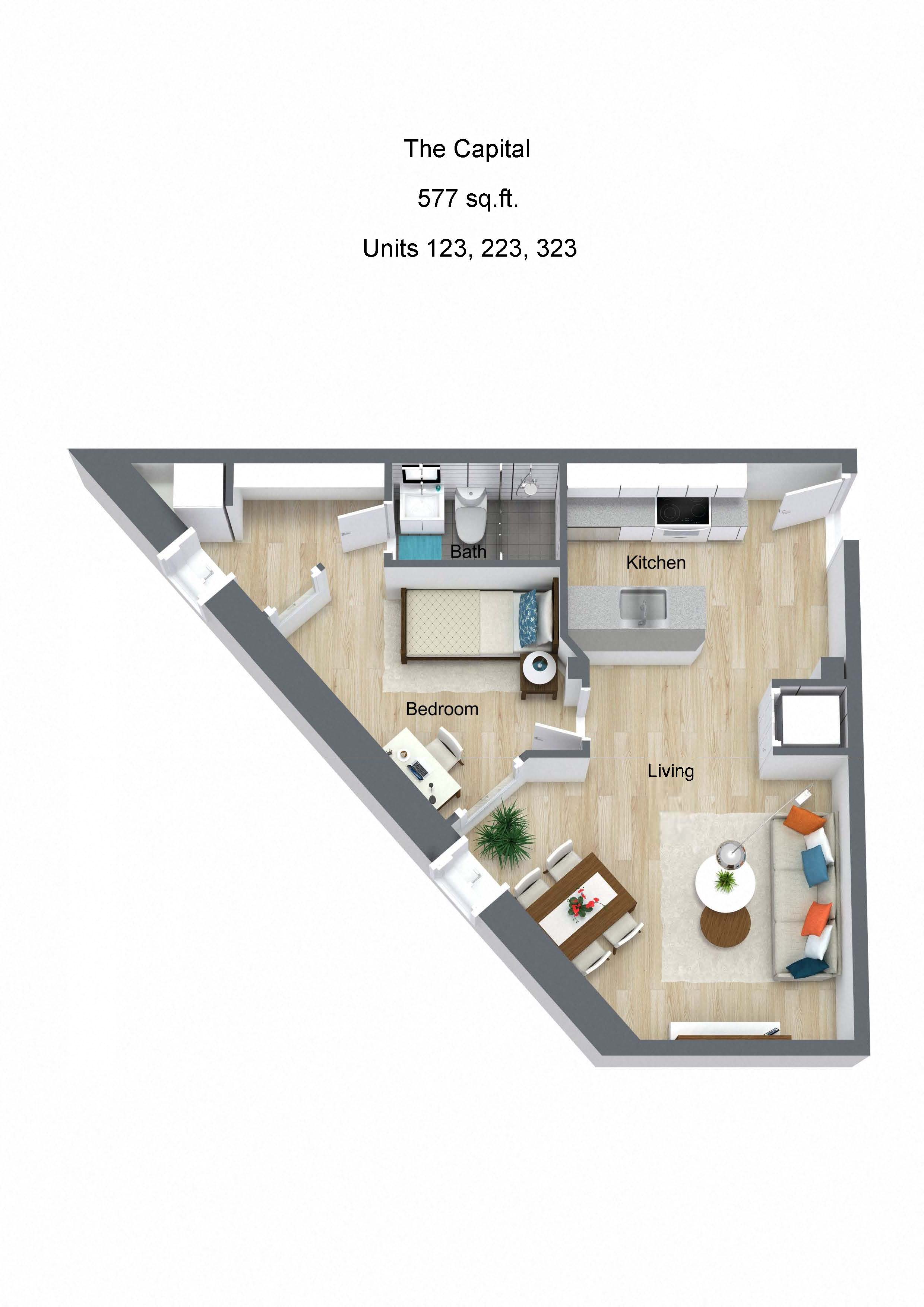 Floor plan for 1 bed, 1 bath, 643 sqft